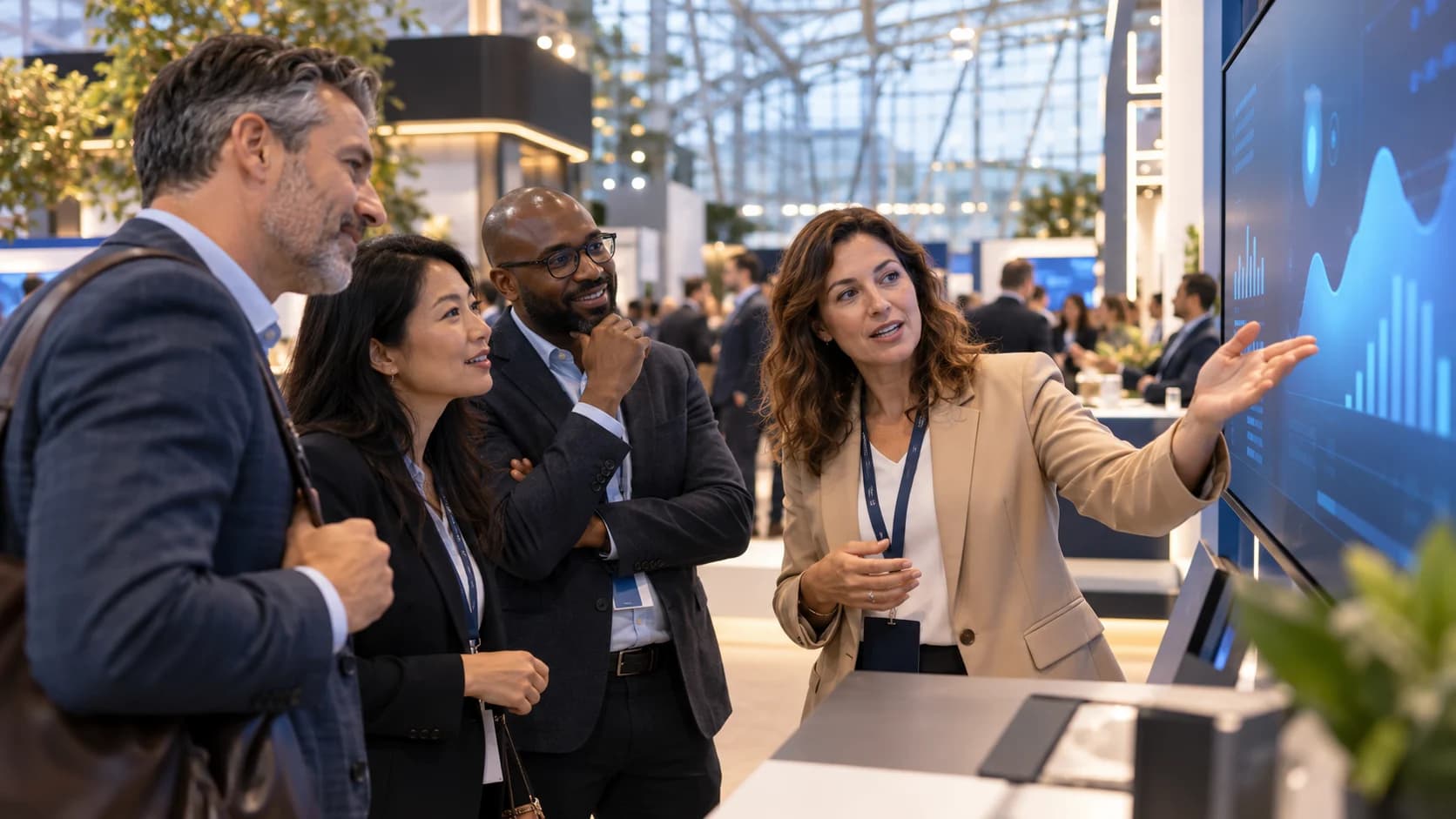 Illustrative scene of business professionals discussing an AI demonstration at a technology exhibition.